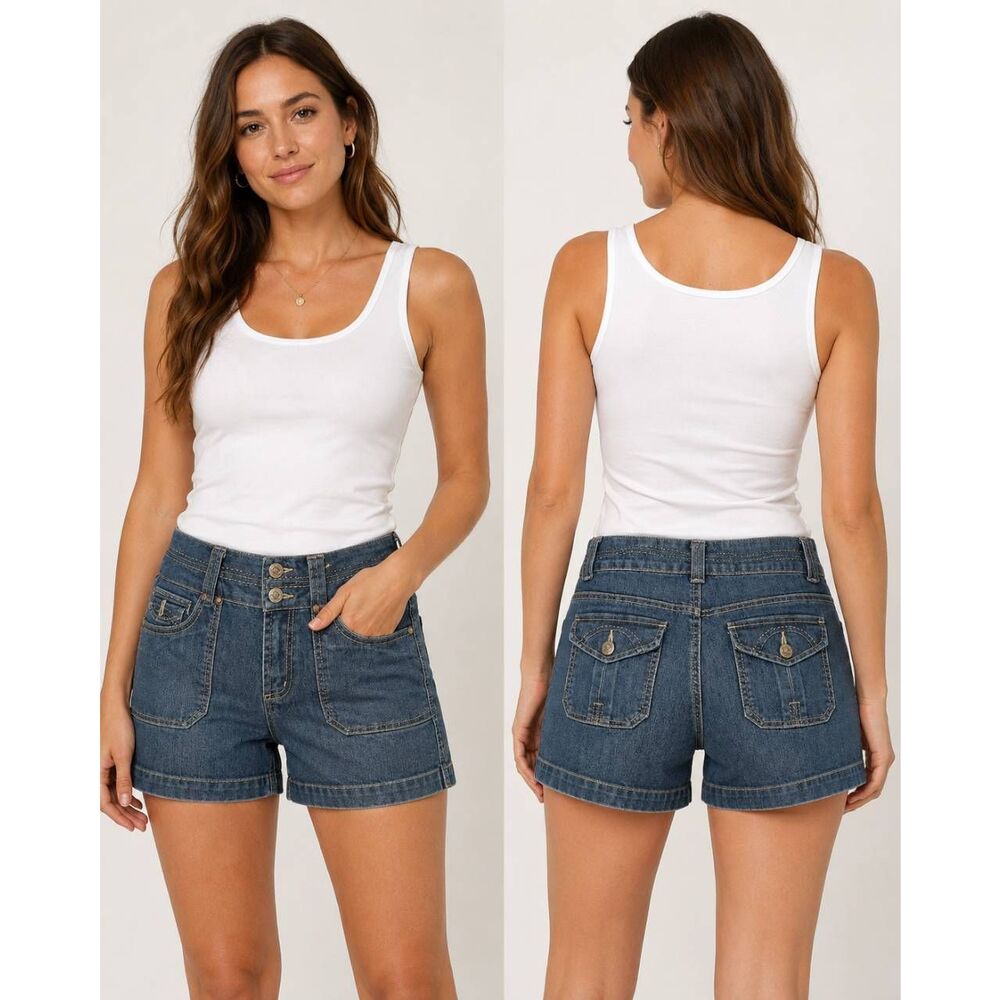 One 5 One Women’s Denim Shorts Size 10 Medium Wash Stretch Y2K Patch Pocket 5” I